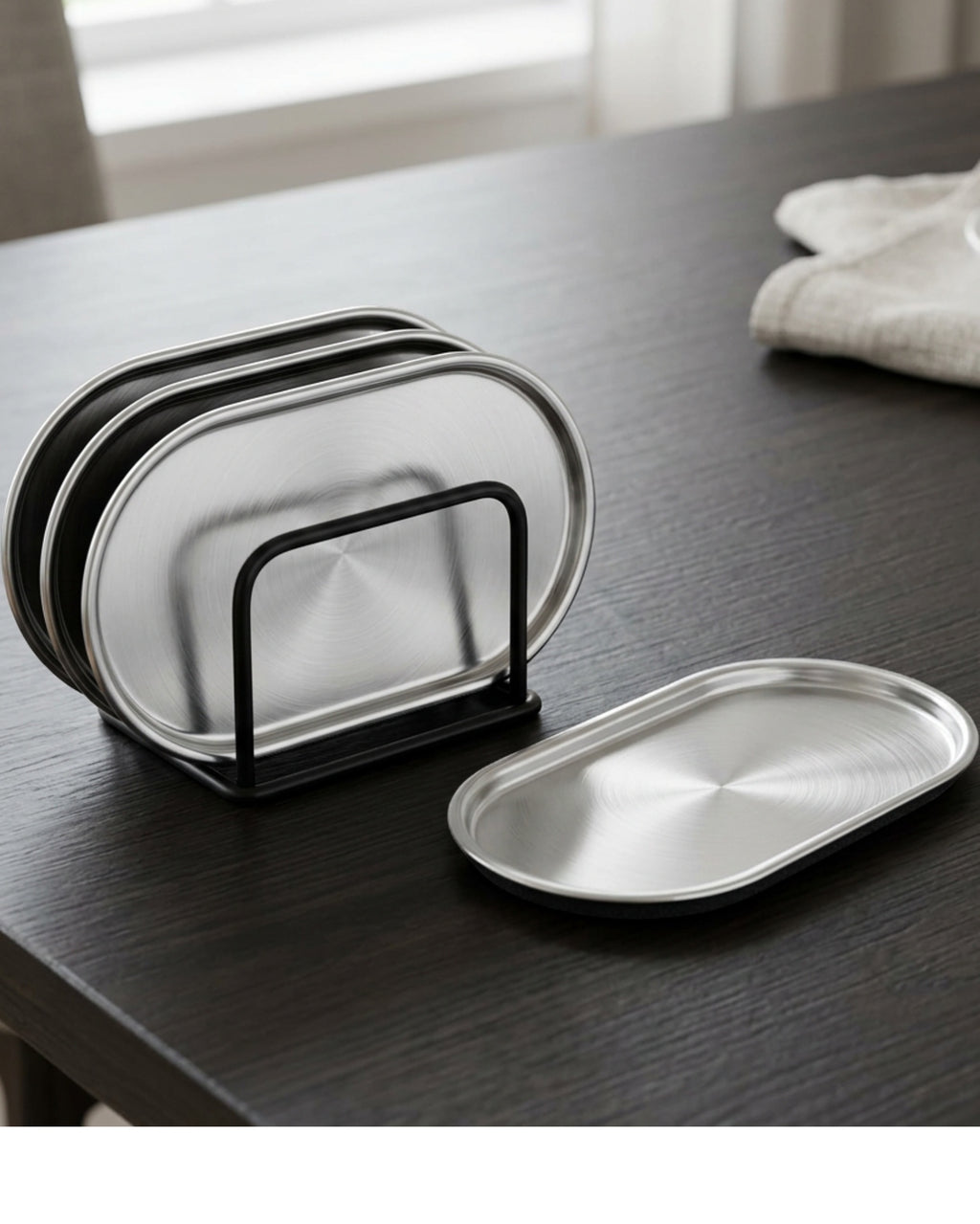 Zukfe Capsule Brushed Stainless-Steel Coasters Four Piece Silver Black with Rack - Lifestyle view