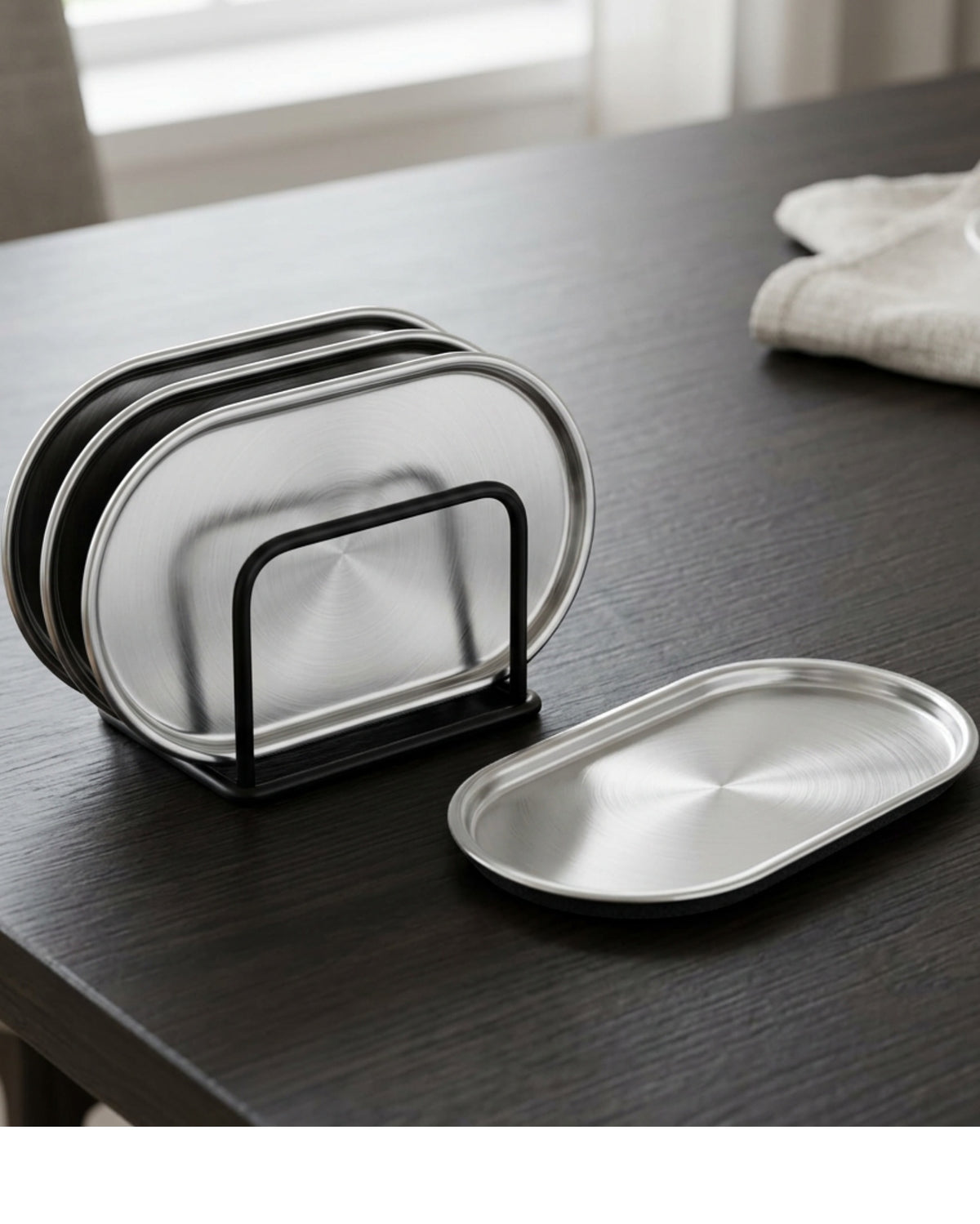 Zukfe Capsule Brushed Stainless-Steel Coasters Four Piece Silver Black with Rack - Lifestyle view