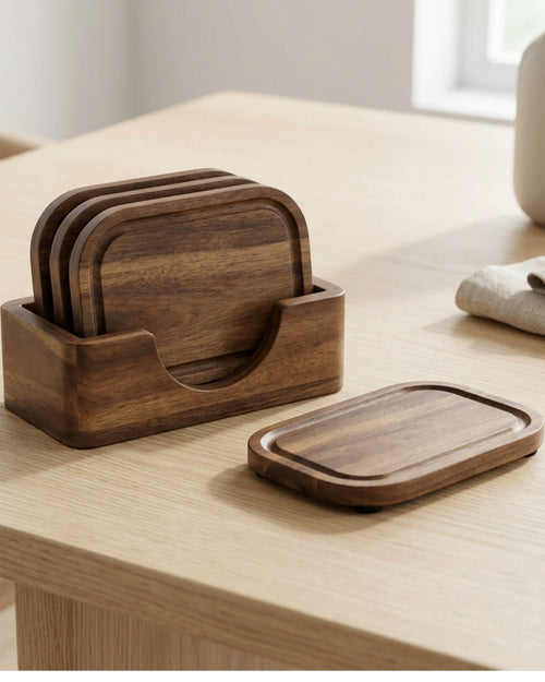 Zukfe Rounded Rectangle Acacia Wood Coasters Four Piece Walnut with Holder - Lifestyle view