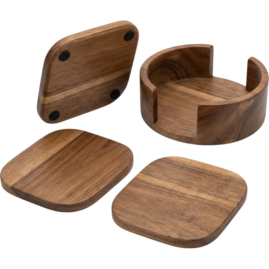 Zukfe Rounded Rectangle Acacia Wood Coasters Four Piece Walnut with Holder